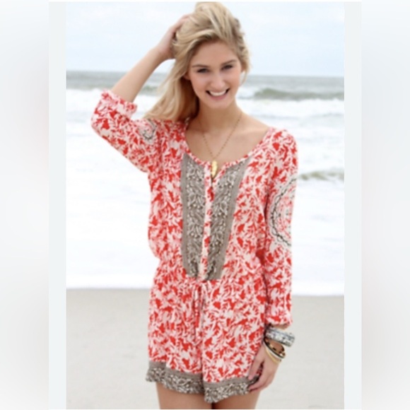 EUC! Really beautiful! Free People Red Bronze Gardenia Shorts Romper Long Sleeve - Picture 6 of 11